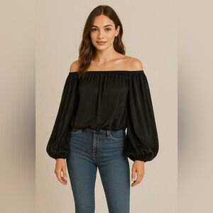 Favlux Fashion Black Silk Strapless Cropped Bubble Sleeve Top - Size Medium